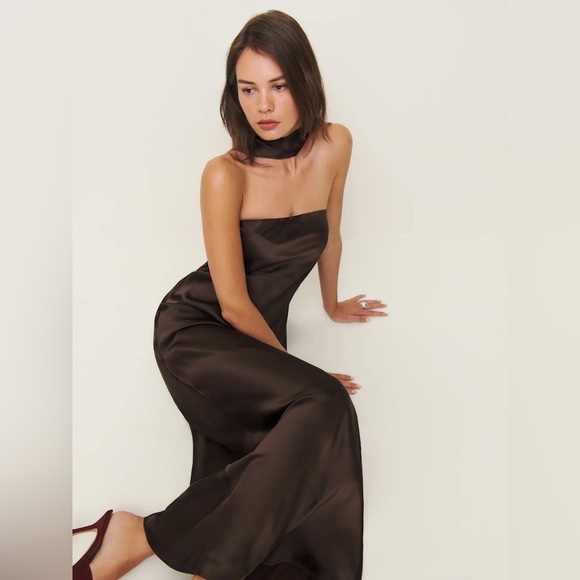 Reformation Oren Silk Dress in Black Bean - Picture 2 of 5